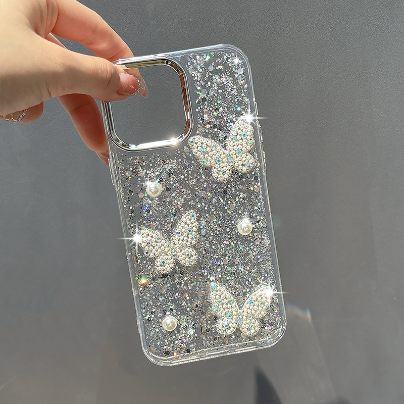 SAMSUNG สําหรับSamsung Galaxy A36 A56 S25 S24 S23 S20 FE S22 S21 Plus Edge Note 20 Ultra A14 A15 A16 A26 A05s A25 A35 A54 A55 5G Glitterซิลิโคนมุกผีเสื้อฝาครอบ