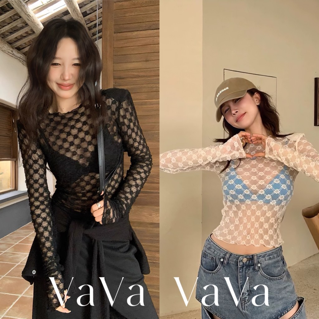 VaVa【ในสต็อก】เสื้อยืดคอกลมแขนยาวผ้าตาข่ายซีทรูลูกไม้สีดำ ทรงเข้ารูปเซ็กซี่ ดูดีสุดๆ