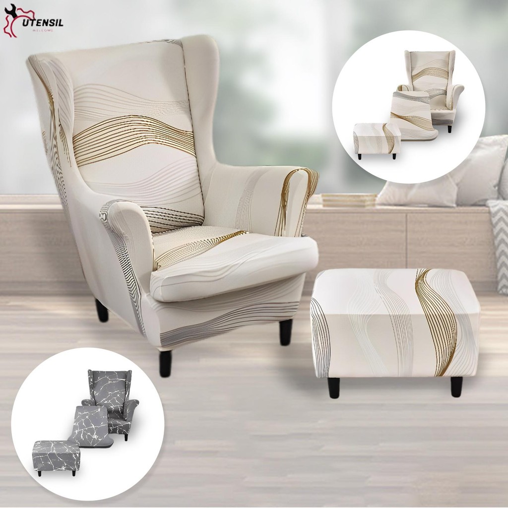 Wingback Chair Slipcover Stretch Wingback Chair โซฟา Slipcover with Cushion Cover and Ottoman Cover 