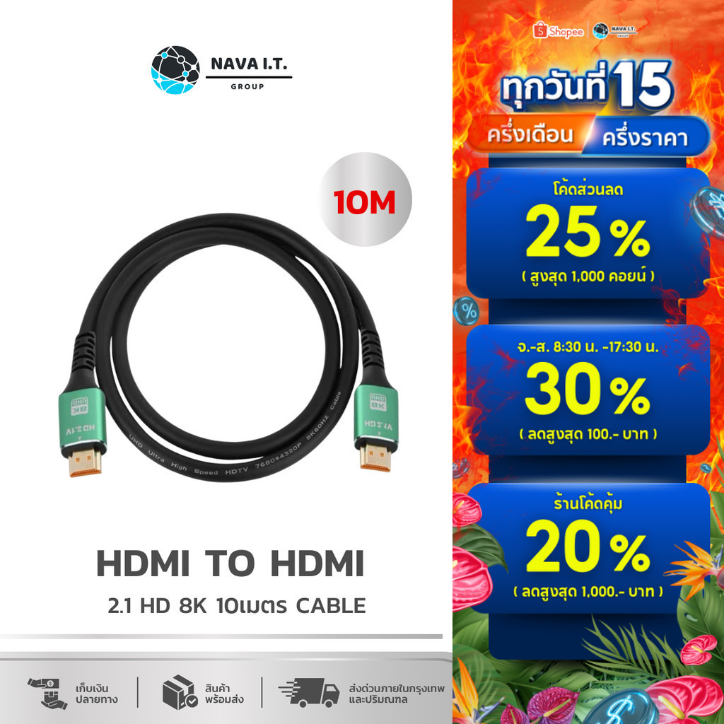 🛵มีส่งด่วน💨 NAVA IT สาย HDMI 2.1 8K สีเขียว ยาว 10 เมตร ประกัน 1 ปี