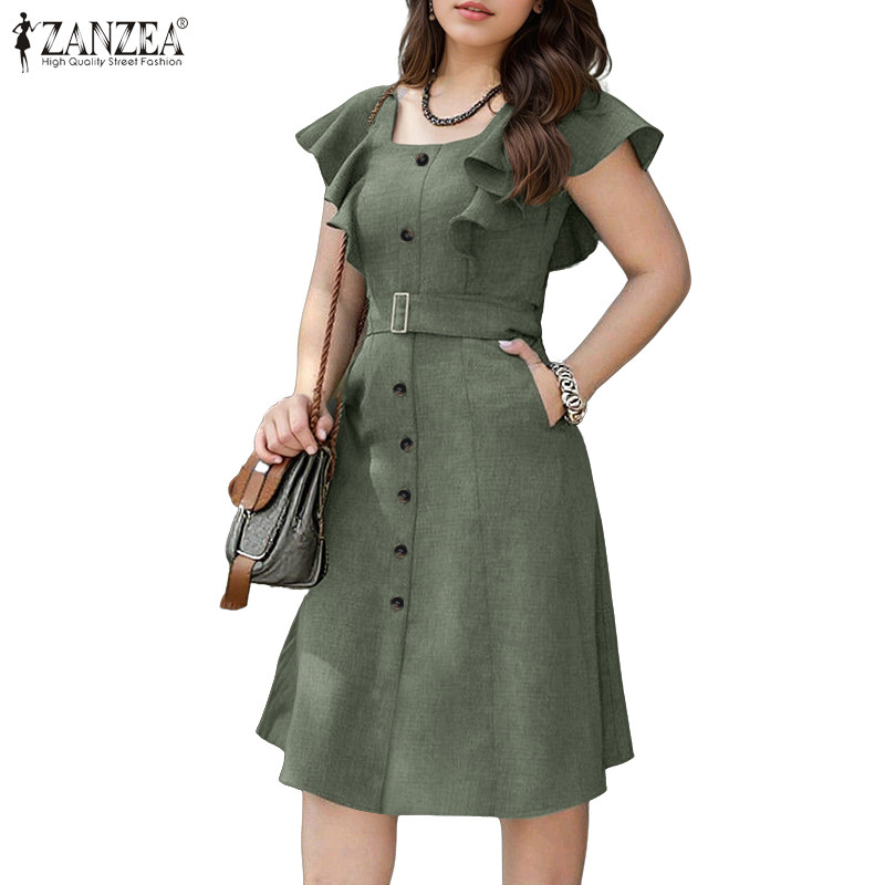 ZANZEA ผู้หญิงทํางานวินเทจ Elegant Square Cpllar Ruffle แขน Single-Breasted Midi Dresses