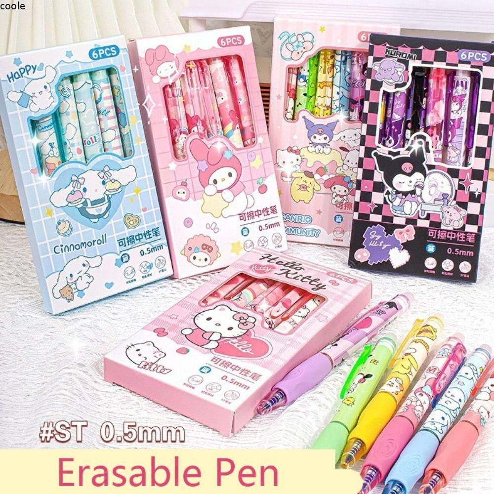 COOLE 6 ชิ้น/เซ็ตปากกาลูกลื่น, 0.5 มม.หมึกสีฟ้า Kuromi/Melody/Pochacco Erasable ปากกาอเนกประสงค์แห้งเร็วปากกาที่ถูกต้องท่าทาง Neutral ปากกาโรงเรียนอุปกรณ์สํานักงาน