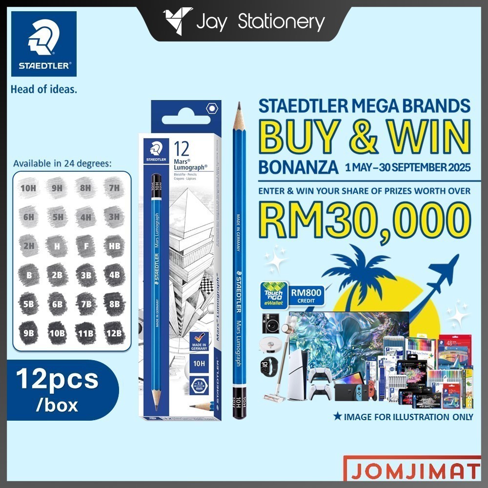 Staedtler Mars Lumographดินสอวาดภาพร่าง100 - 10H 9H 8H 7H 6H 5H 4H 3H 2H HF HB B 2B 3B 4B 5B 6B 7B 8