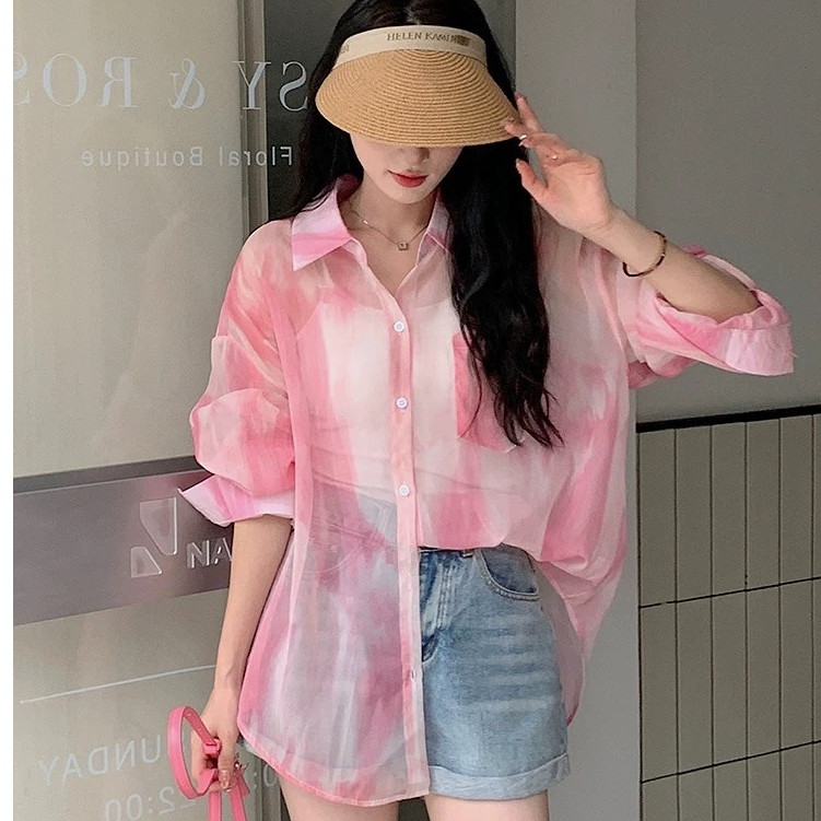 Fairy เสื้อชีฟองสีชมพู แขนยาว คอปก  มีกระเป๋าหน้า ผ้าบางใส่สบายระบายอากาศได้ดี แฟชั่นสำหรับผู้หญิง#3332