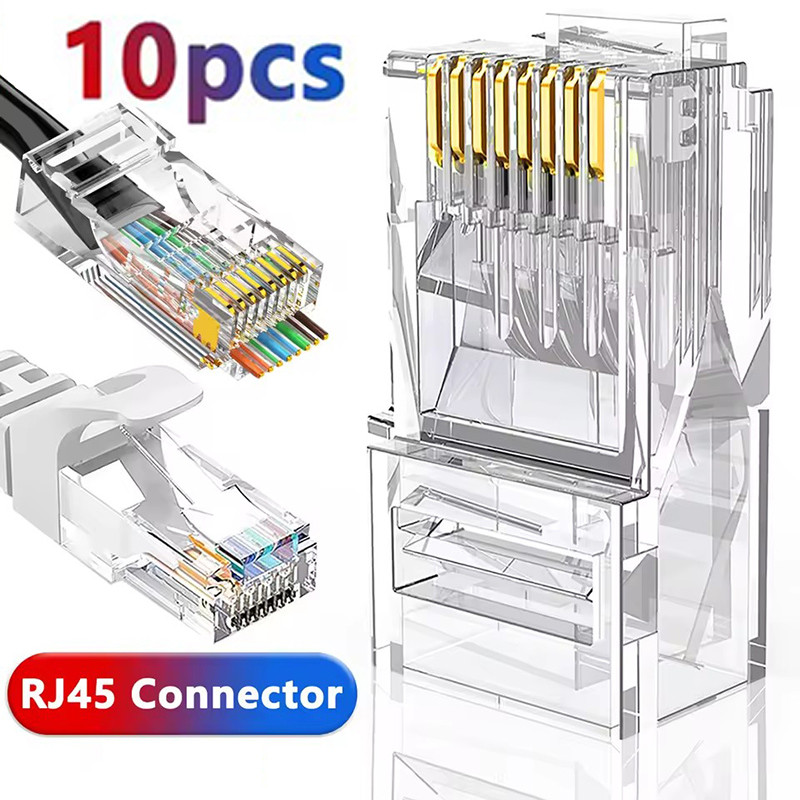 10 ชิ้น RJ45 CAT6 CAT5e ผ่านตัวเชื่อมต่อเครือข่าย-คริสตัล End Gold-Plated Ethernet Network Modular Plug