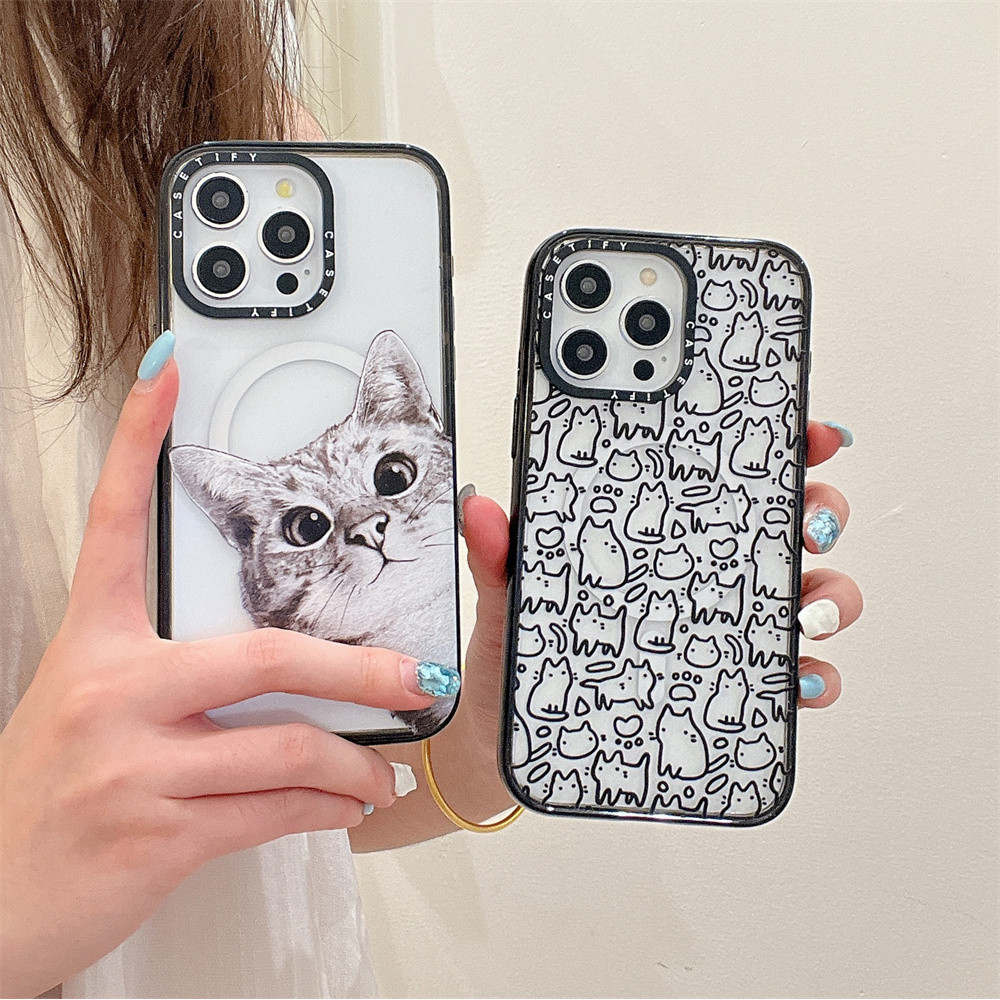 Casetifg เส้นน่ารัก Probe แมวกันกระแทกแม่เหล็กเคสโทรศัพท์พร้อมกล่องสําหรับ iPhone 16 12 13 14 15 Pro Max 16 Plus Clear Soft ด้านข้างซิลิโคนป้องกันปลอกอะคริลิคปกแข็ง