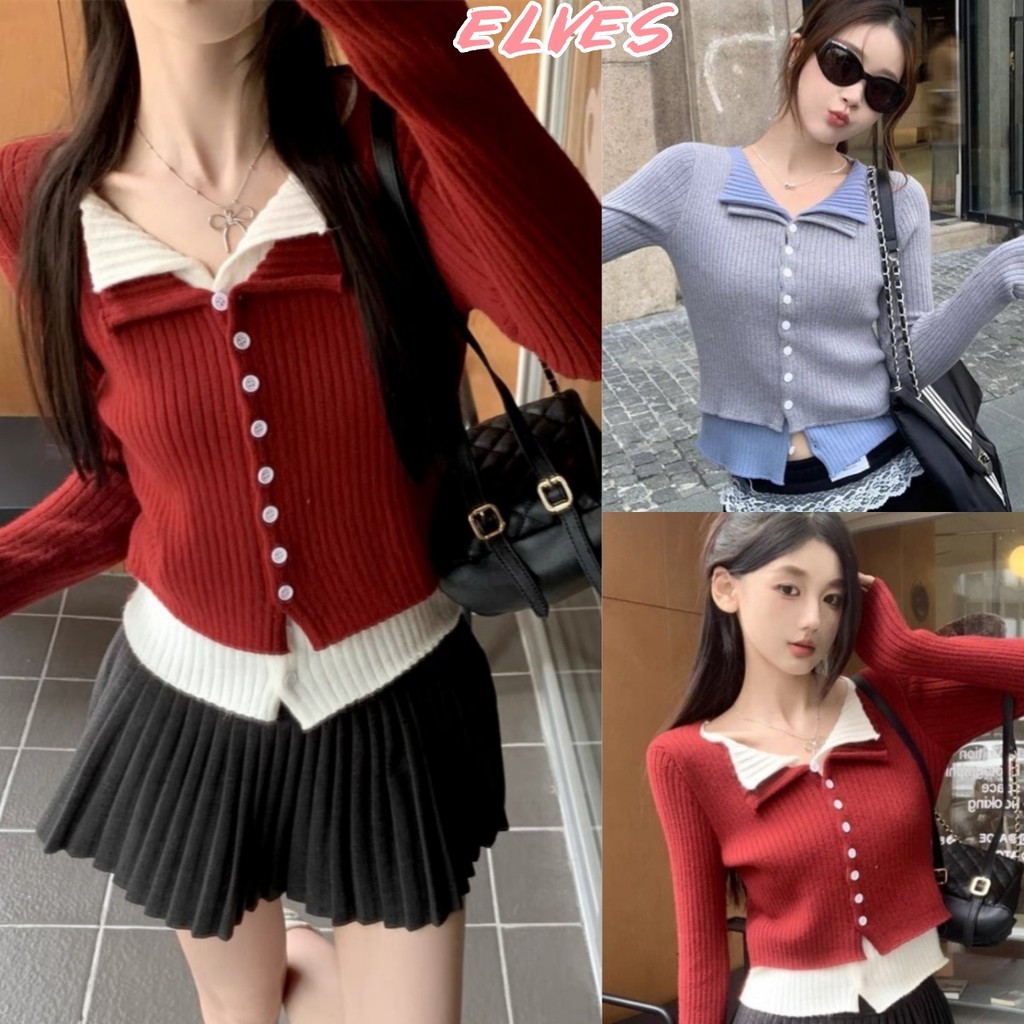Elves พร้อม เสื้อไหมพรมแขนยาว คอปก ดูดีมีสไตล์ ผ้าร่องเล่นแต่งสองสี เสื้อสเวตเตอร์ผู้หญิง เข้ารูป ไตล์เกาหลี"15048"