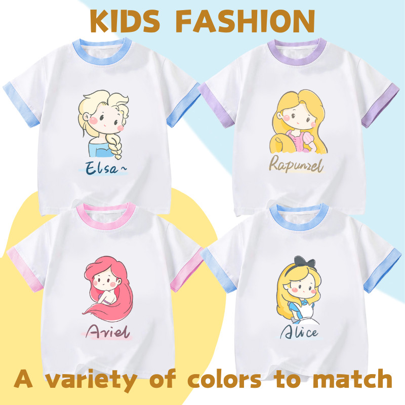 เสื้อยืดคอกลม แขนสั้น พิมพ์ลายการ์ตูนเจ้าหญิง สีคอนทราสต์ สําหรับเด็กผู้หญิง