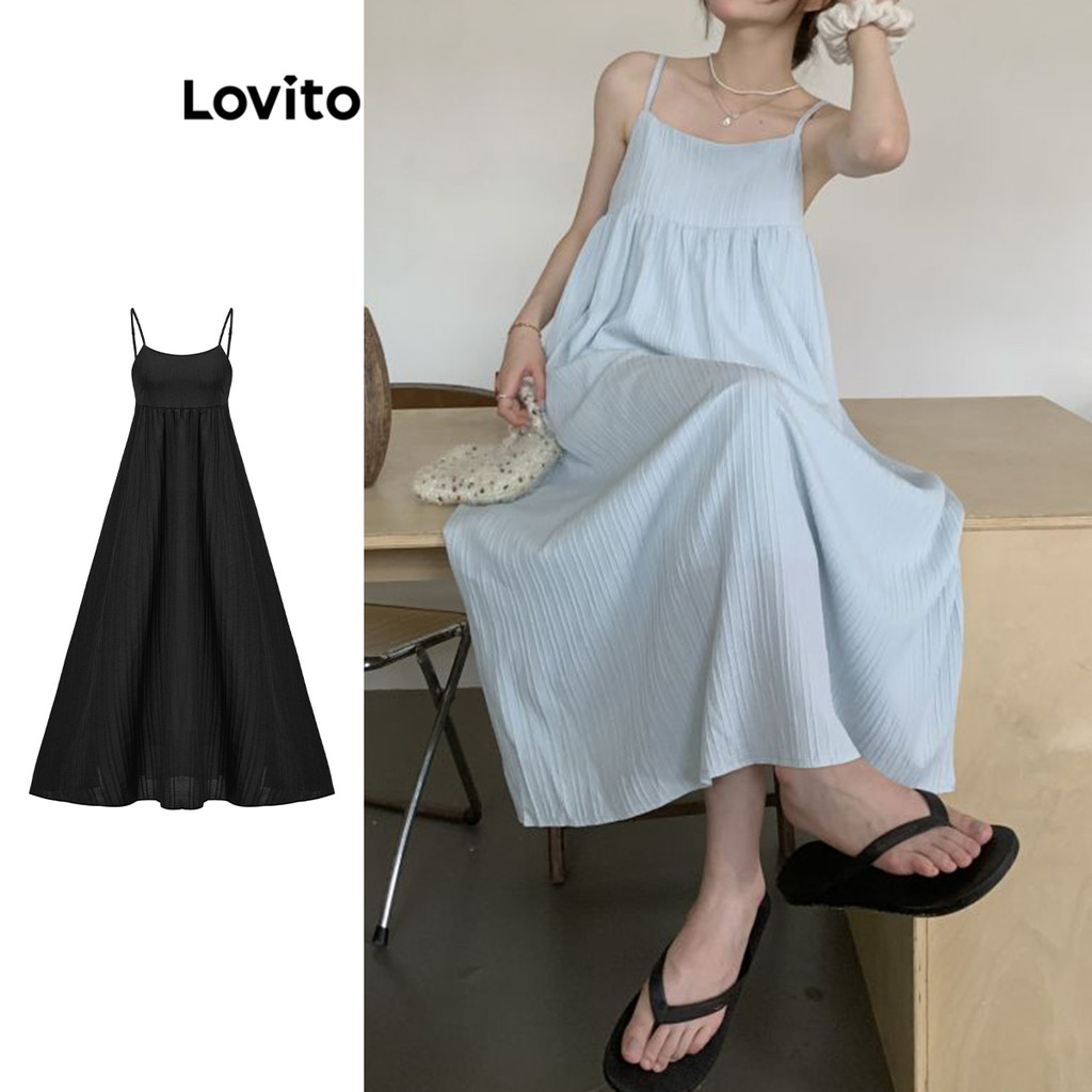 Lovito ชุดเดรสผู้หญิง เปิดหลัง สีพื้น สไตล์ลำลอง LNA37076 (หลากสี)