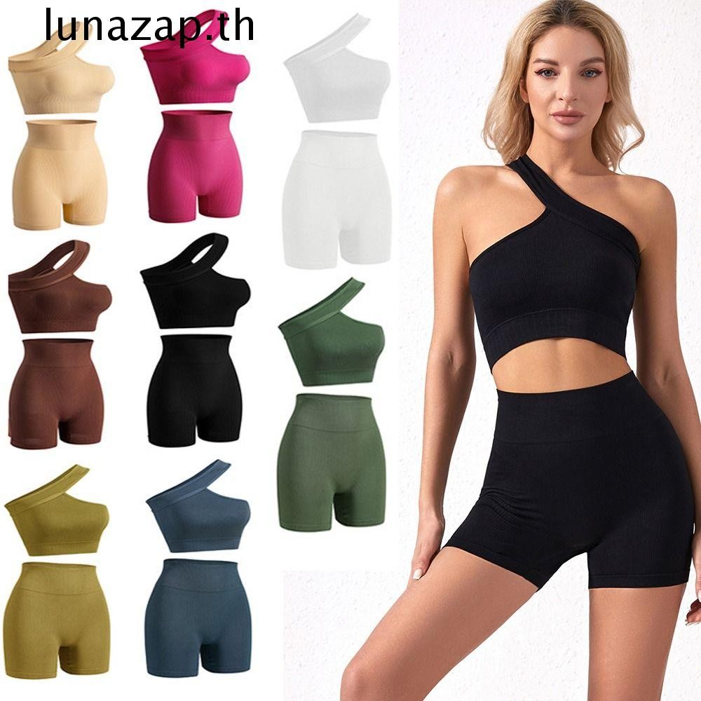 Lunazap 2 ชิ้นผู้หญิงชุดออกกําลังกาย,ไม่มีรอยต่อชุดโยคะ,ลําลองเสื้อกล้ามเอวสูงหนึ่งไหล่ Active สวมใส่เยาวชน