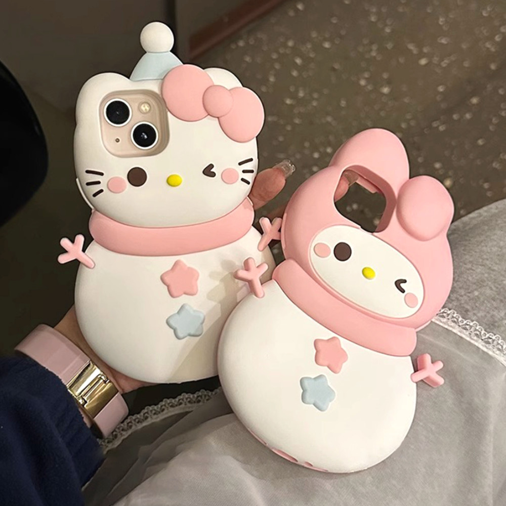 การ์ตูน 3D Snowman Hello Kitty ซิลิโคนอ่อนนุ่มกันกระแทกเคสโทรศัพท์คริสต์มาสสําหรับ IPhone 11 16 15 Pro Max 12 14 13 Promax กันชนฝุ่น Drop-proof โทรศัพท์ปกหลัง