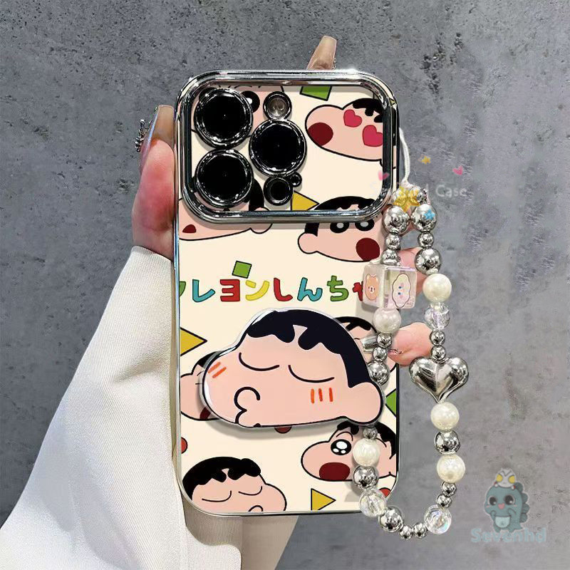 ปลอกสําหรับ iPhone 13 16 11 7Plus Xs Max 15 14 12 Pro Max Xr X 8 6 6วินาทีบวกการ์ตูนเครยอนชินจังกรณีโทรศัพท์ + วงเล็บ + โซ่ชุบหรูหรากันกระแทกป้องกันปกหลังตลกของข