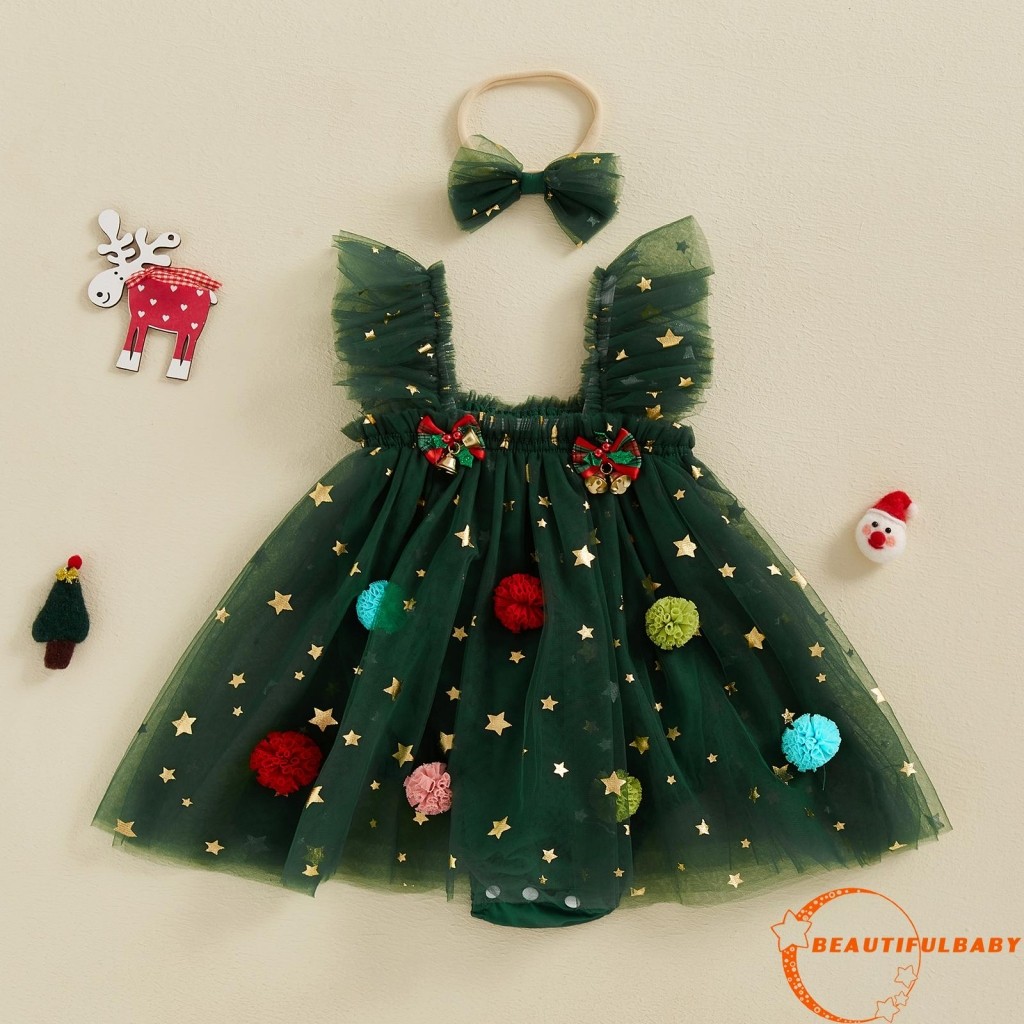 ความงาม-เด็กทารกเสื้อผ้าคริสต์มาส Bobbles Bells Decor กระโปรงตาข่าย Hem แขนกุด Rompers พร้อมแถบคาดศีรษะ