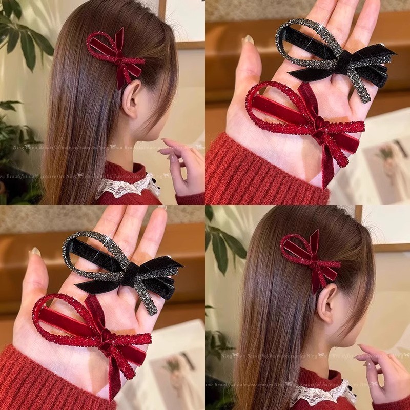 ปีใหม่กิ๊บโบว์กํามะหยี่สีแดงเครื่องประดับผมสําหรับผู้หญิง