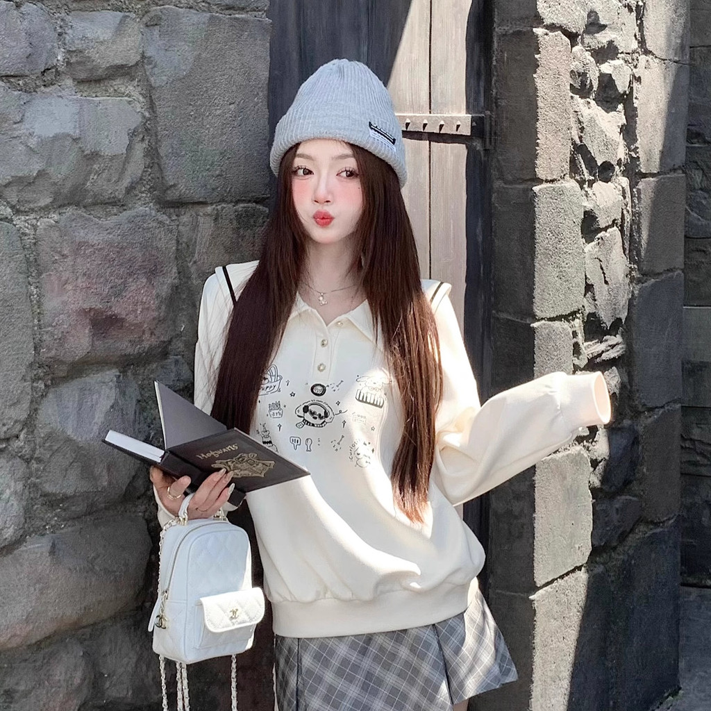 ฤดูใบไม้ร่วงฤดูหนาวใหม่ผู้หญิงเกาหลีกองทัพเรือปกพิมพ์เสื้อแขนยาว 241205