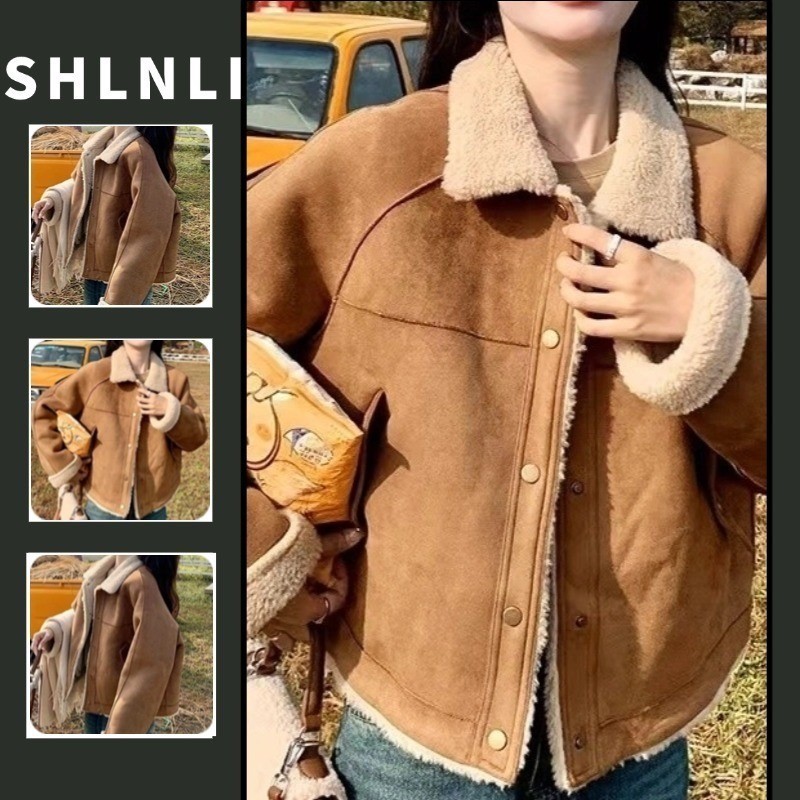 ฤดูใบไม้ร่วงและฤดูหนาวของผู้หญิง Retro Minimalist Basic เสื้อความร้อน Lamb Fur Lapel สีทึบแจ็คเก็ตลําลองหลวม