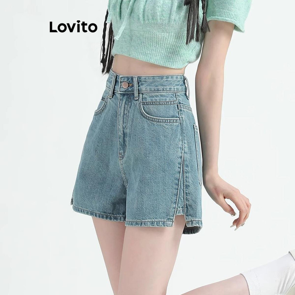 Lovito กางเกงยีนส์ขาสั้นผู้หญิง มีกระดุม มีกระเป๋า แต่งผ่า สีพื้น สไตล์ลำลอง LNE56291