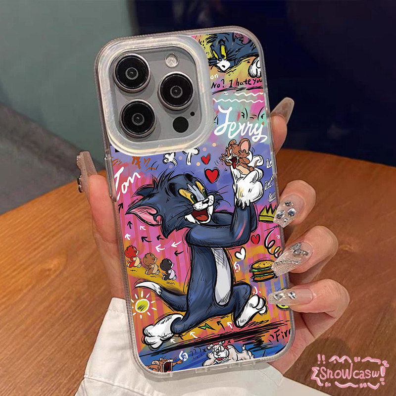 เคสไอโฟน 11 15 สำหรับ IPhone 13 14 12 Pro Max 7 8 14 15 Plus X XS XR Max SE 2020 กราฟฟิตีสีสร้างสรรค์ทอมและเจอร์รี่น่ารั