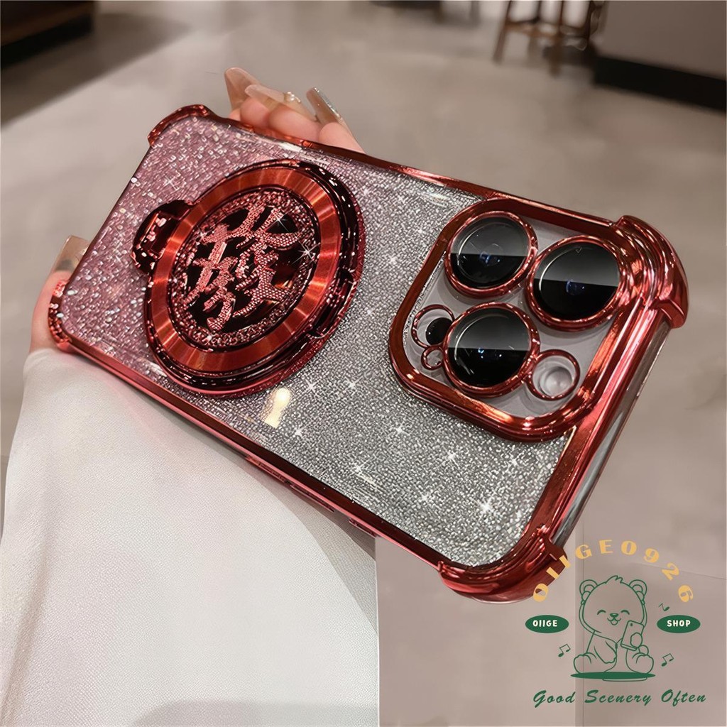 Red Fortune Gyro Bracket Glitterเคสโทรศัพท์แม่เหล็กIphone16 Pro Max 15 14 13 12 11 เคสสําหรับiPhoneเคสซิลิโคนSoft shell TPUกันกระแทก