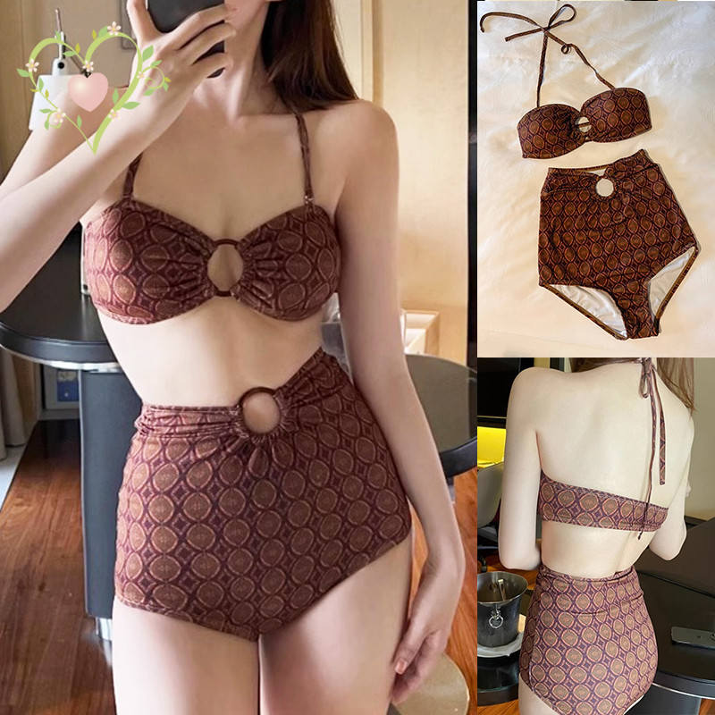 BikiniSexy ชุดว่ายน้ําบิกินี่ ชุดว่ายน้ำหญิง ลายสก๊อต ย้อนยุค สีน้ำตาล เอวสูง มีฟองน้ำ ส่งไวจากไทย