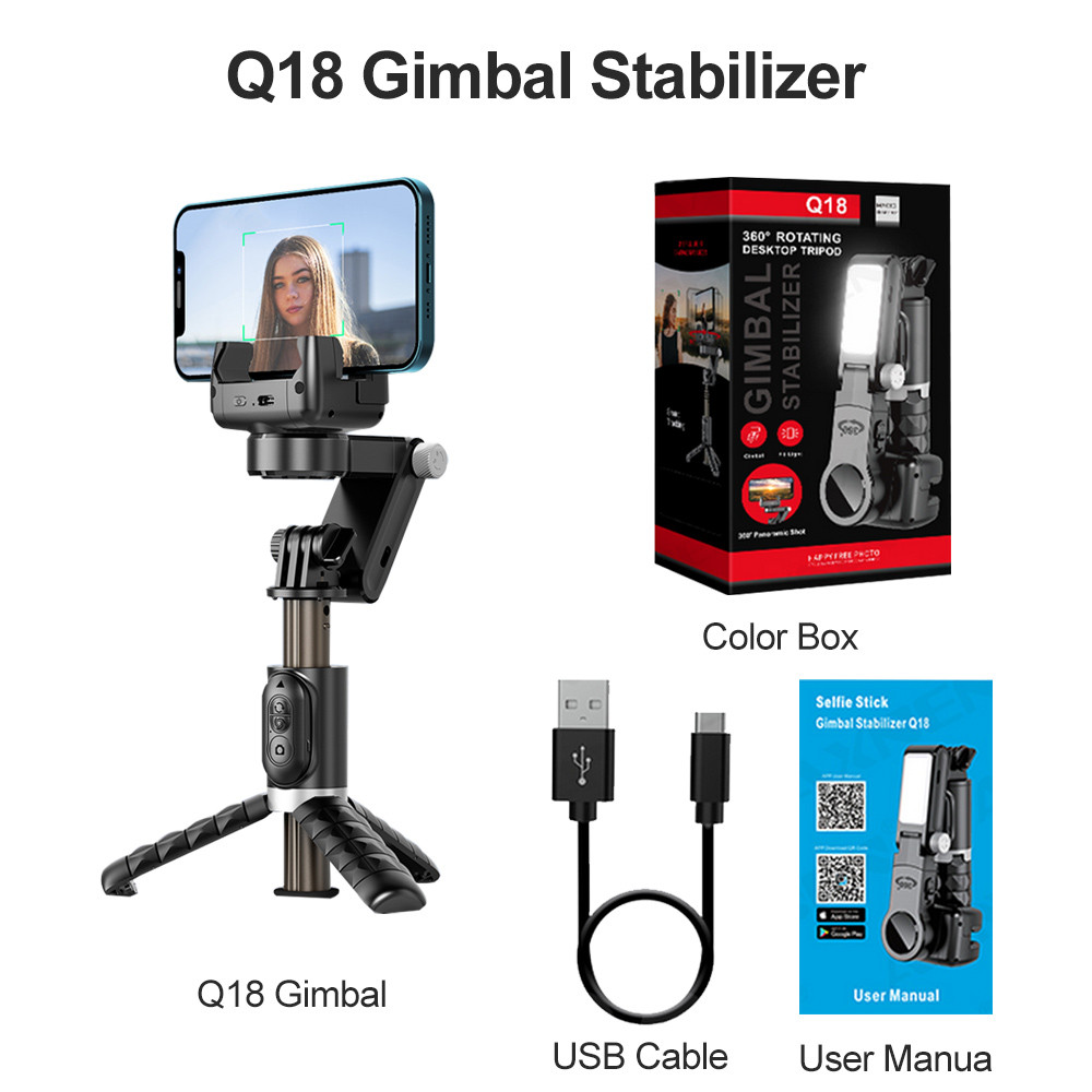 Q18 Gimbal Stabilizer โทรศัพท์มือถือมือถือ Selfie Stick Holder เติมแสงบลูทูธสําหรับมือถือตามโหมดยิง