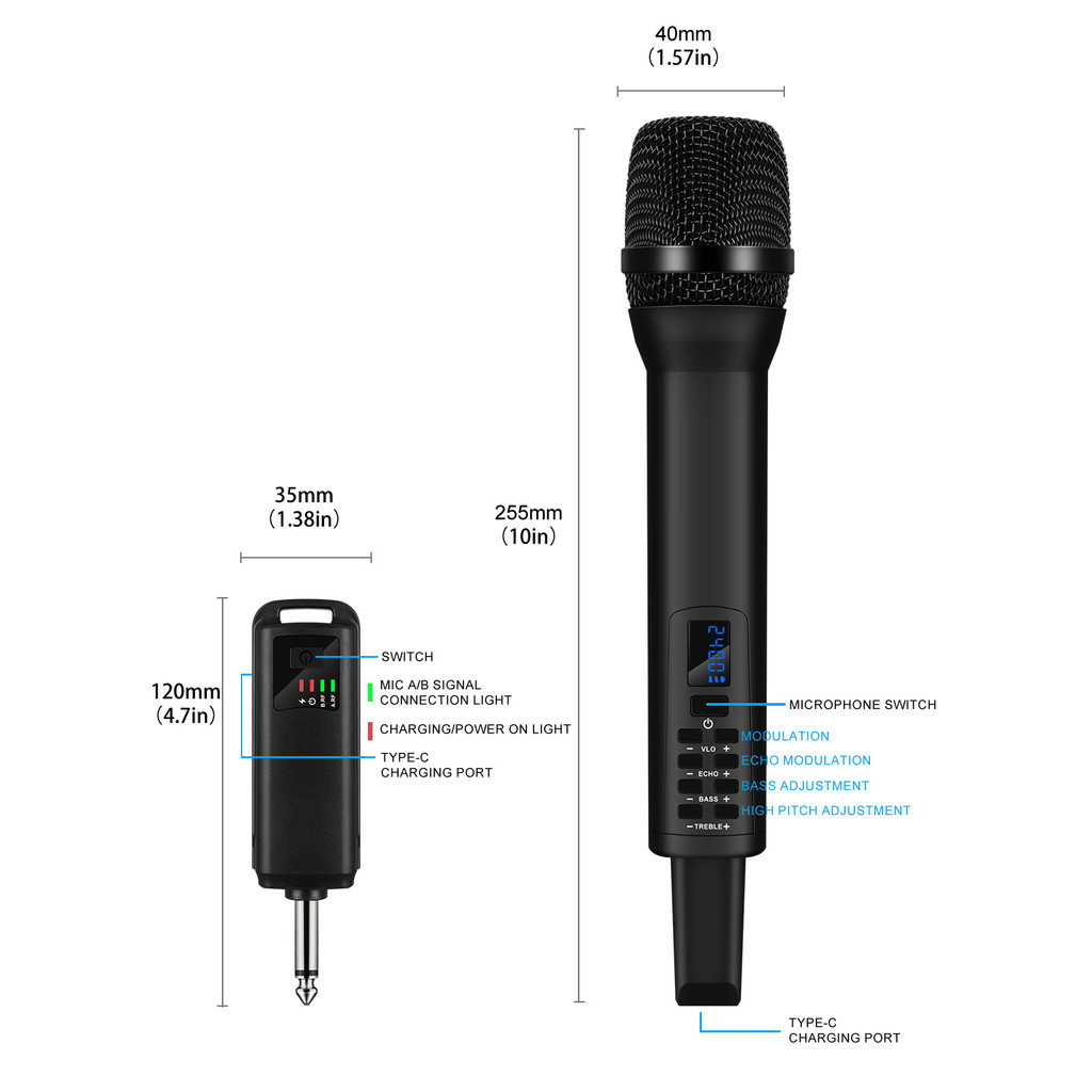 ไมค์ไร้สาย ไมโครโฟนไร้สาย มัลติฟังก์ชั่น ECHO VOL BASS TREBLE เครื่องรับและแบตเตอรี่สามารถชาร์จได้ ไมค์ร้องเพลง ktv ไมค์