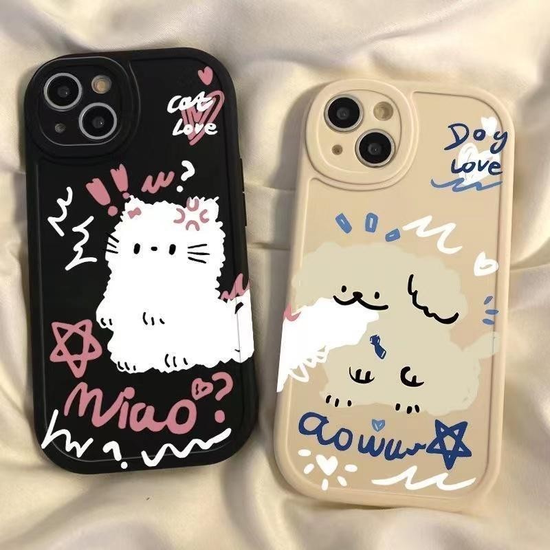 การ์ตูนแมวและสุนัข Anti-fall ซิลิโคนอ่อนนุ่มถุงมือโทรศัพท์มือถือสําหรับIphone 11 12 13 14 15 16 Pro Max IPX Xr Xs Max 7 8 6s Plus Miniอุปกรณ์เสริมกันน้ําทําจากวัสดุTPU