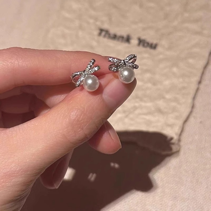 เกาหลี S925 เงิน Bowknot ต่างหูมุกหู Studs เครื่องประดับ