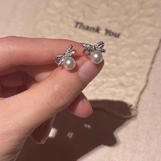 ใหม่ S925 เงิน Bowknot ต่างหูมุกหู Studs เครื่องประดับเกาหลี