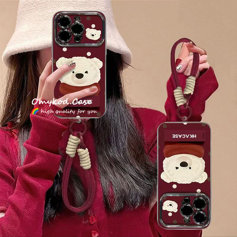 วงเล็บ + Lanyard สําหรับ Redmi 13C 12 12C 10C 10 10A 9 9A 9C A1 9T หมายเหตุ 13 12 11s 10 10s Pro เคสโทรศัพท์ INS หมีสีขาวน่ารักไวน์แดง Anti Drop กันกระแทกป้องกันฝาครอบนุ่ม