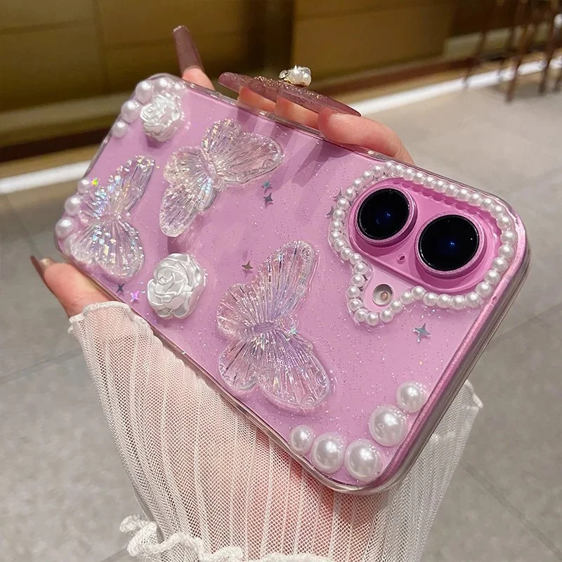 Glitter โปร่งใสเลเซอร์ผีเสื้อดอกไม้ไข่มุกสําหรับ IPhone 17 Pro Max Air 16 15 14 13 12 Pro Max อีพ็อกซี่ซิลิโคนกันกระแทกปกหลัง