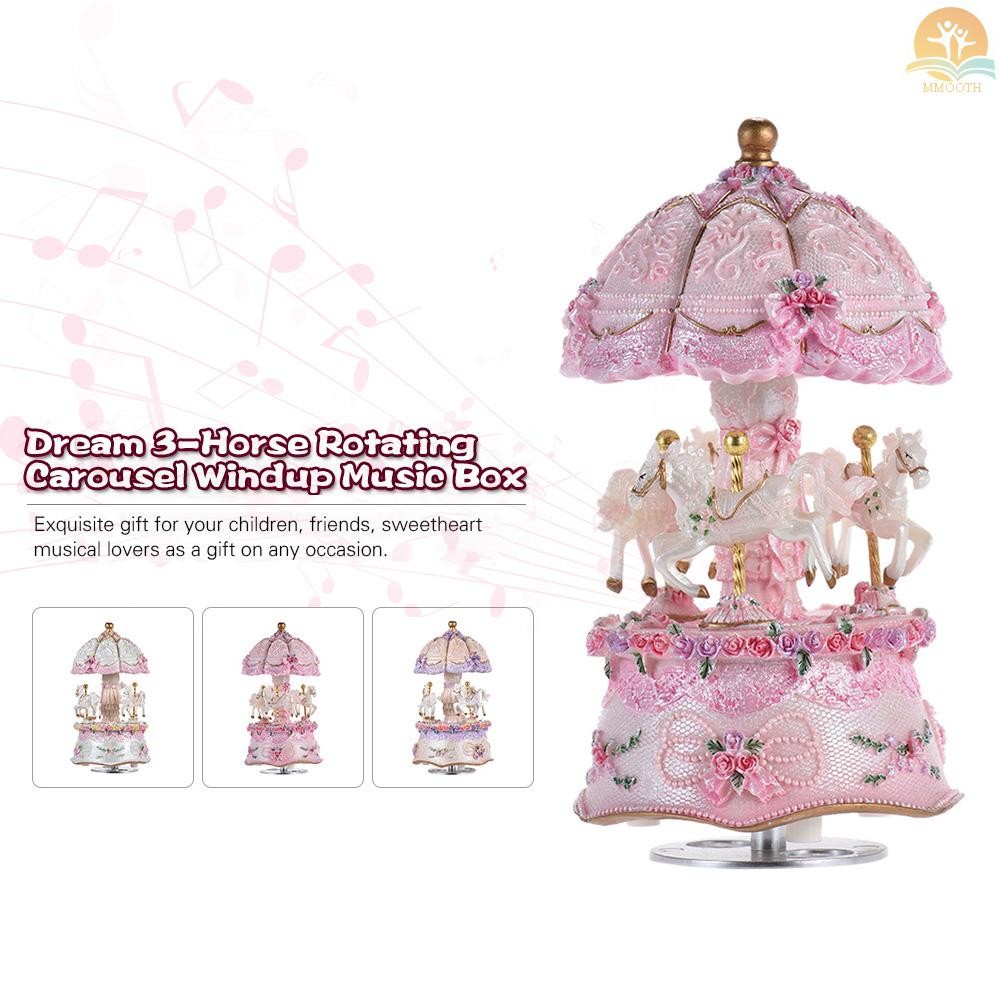 Fast Ship Luxury Dream 3 ม้าหมุน Carousel Merry-go-round Windup เพลงม้าหมุนที่มีสีสันเปลี่ยนสี LED Luminous Light Melody of Castle ใน Sky Artware วันเกิด Val
