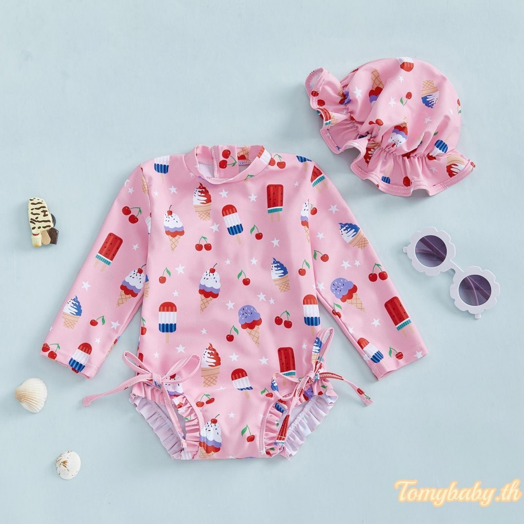 Tomybaby-เด็กทารกไอติมแขนยาว Rash Guard ชุดว่ายน้ํา + หมวกกันแดด 2 ชิ้นชุด Beachwear