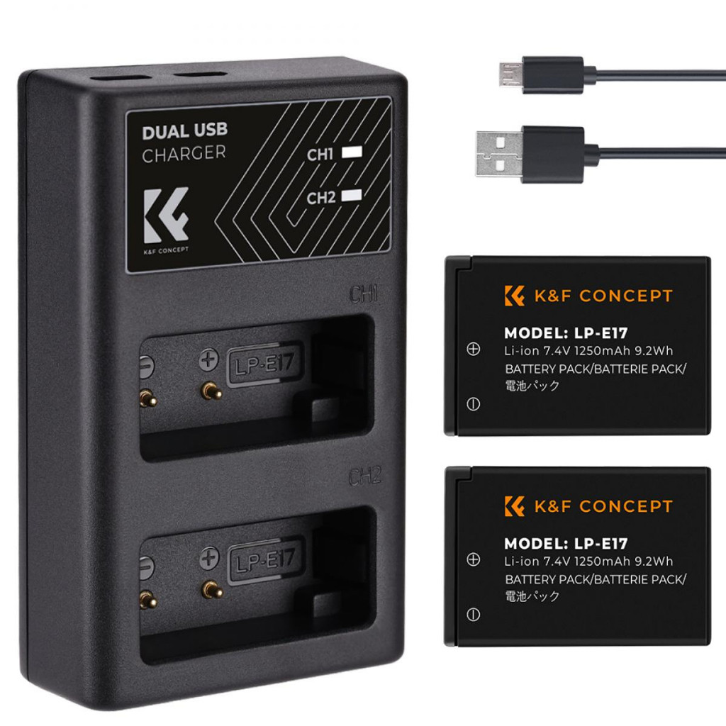 K&F CONCEPT LP-E17 battery + dual Charger แบต2ก้อน 7.4V 1250mAh   พร้อมแท่นชาร์จแบบคู่ รับประกัน 1ปี