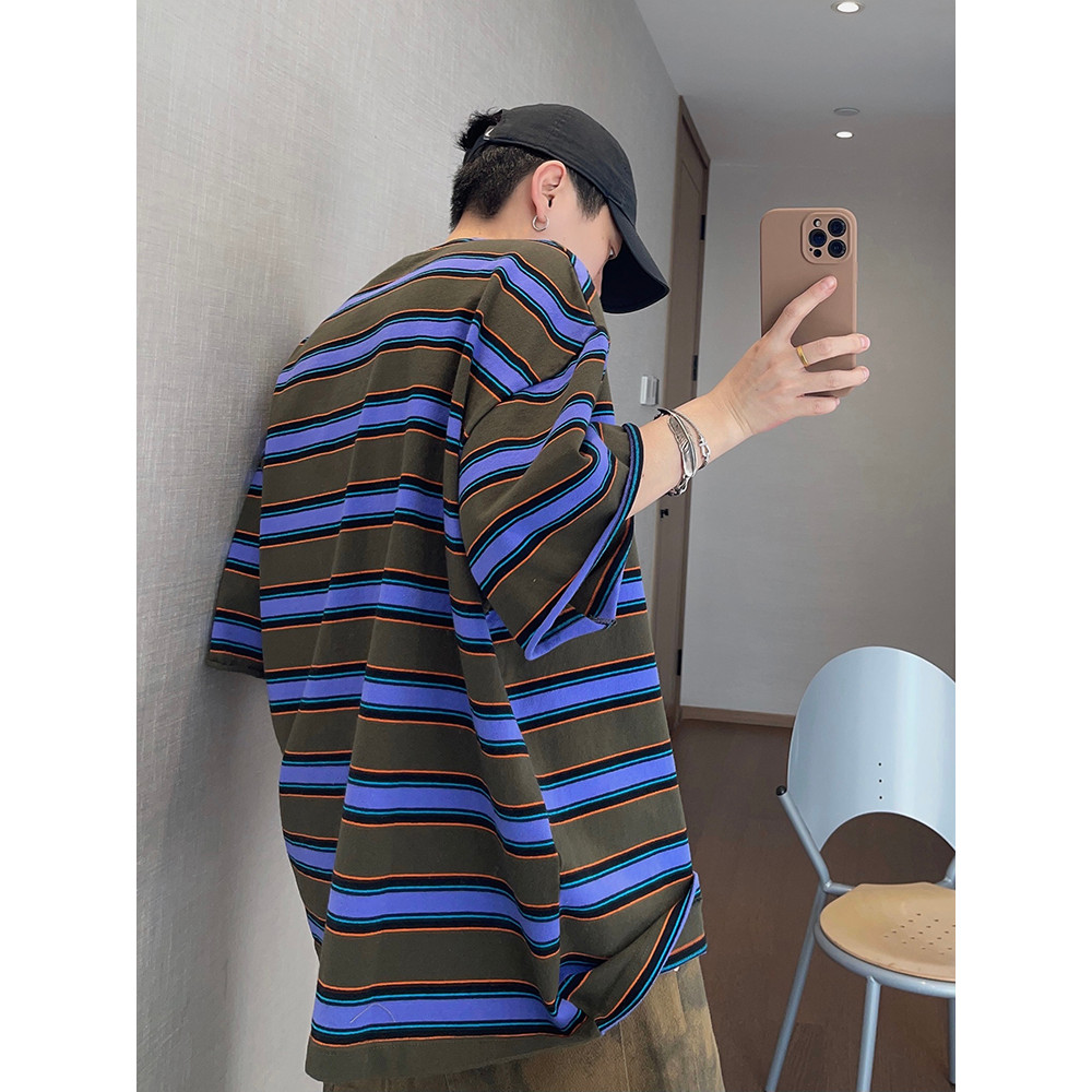 ASRV เสื้อยืดแขนสั้นลายทางสีตัดกันย้อนยุคอเมริกันฤดูร้อนผู้ชายและผู้หญิงเสื้อยืดคอปกเล็ก - รูปที่ 4