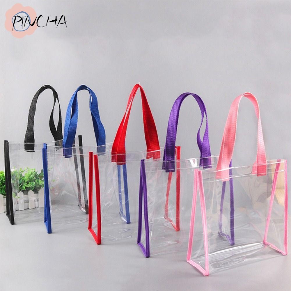 PINCHA Cosmetics Shopping Bag, Car Stitching PVC Tote Bag, กระเป๋าเยลลี่พลาสติกใสความจุขนาดใหญ่