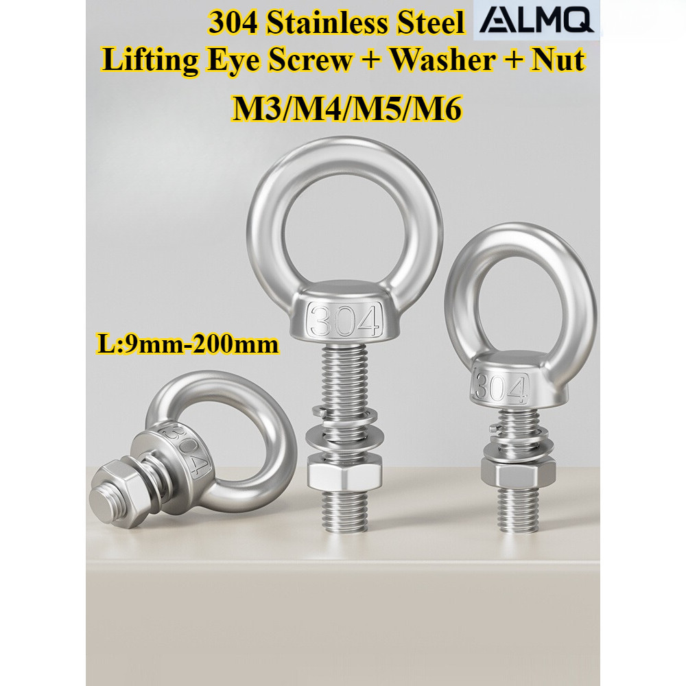 [LMQ-DHLS] 304 สแตนเลส, สกรูตายก + เครื่องซักผ้า + น็อตชุดสี่ชิ้น, M3/M4/M5/M6, สลักเกลียวตากลม + น็อต, ความยาว 9 มม.-200 มม., สกรูตะขอแหวน