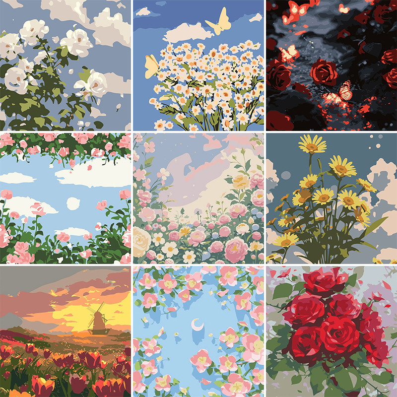 [พร้อมกรอบ]DIYระบายสีตามตัวเลข 20*20ซม.Paint by Numbers ดอกไม้ภาพวาดอะคริลิก การวาดภาพดิจิตอล ของขวัญ ส่งมอบทันที