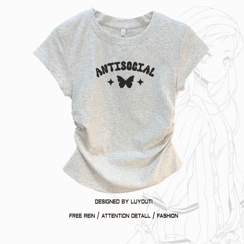 เสื้อยืดครอป แขนสั้น เวอร์ชั่นเกาหลีของกระแสน้ำแน่นเข้ารูปพอดีสั้นเอวสูงบางผู้หญิงด้านบน Women Lady 