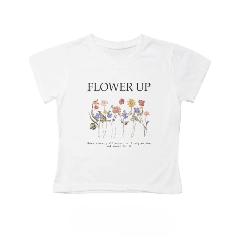 Jbb.Shop | Baby tee, เกาหลีแฟชั่น (FLOWER UP) พิมพ์ เสื้อแขนสั้น #754