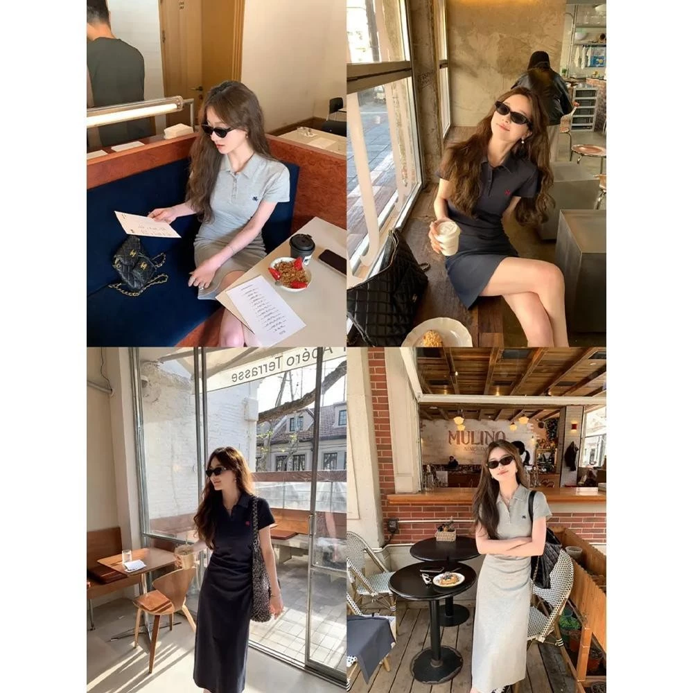 MOSESQUEEN มอสสควีน เดรสคอปกโปโลปัก 2025 ฤดูร้อนเอวแขนสั้นชุดห่อสะโพก #63064-63067