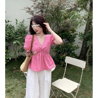Chili Koko เสื้อแขนพองคอวีบิดสำหรับผู้หญิง เสื้อคอวีเปิดหลังแบบใหม่สำหรับฤดูร้อน w610