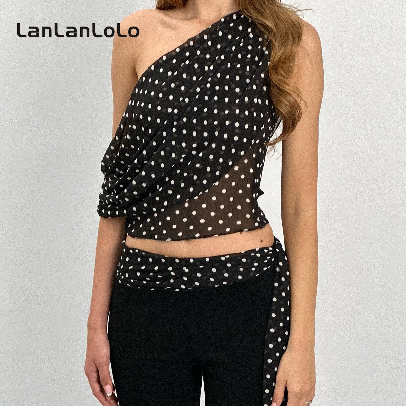 LanLanLoLo เสื้อกล้ามผู้หญิง 2025 Polka Dotted Skew Collar แขนกุดตาข่ายแฟชั่น Casual การออกแบบไม่สมมาตร