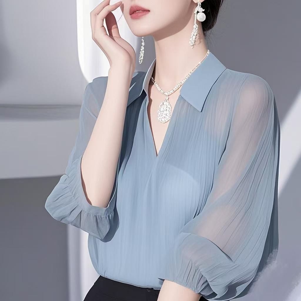 ผู้หญิงเสื้อชีฟองระดับสูงต่างประเทศที่ไม่ซ้ํากันเก๋เสื้อที่สวยงามฝรั่งเศสอายุลดแสงหรูหราด้านบนเสื้อผ้าอย่างเป็นทางการขนาดใหญ่แฟชั่นเ