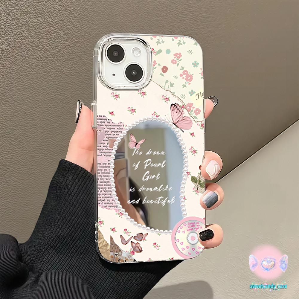 👑จัดส่งในพื้นที่👑 เคสแบบกระจกมิเรอร์ ดอกไม้สีชมพู กระจกขอบไข่มุก สวย FOR IPhone16 15 14 13 12 7 8plus Pro Promax XR XS