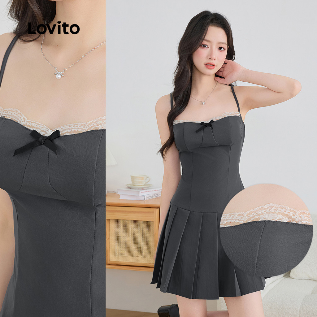 Lovito ชุดเดรสลูกไม้โบว์ธรรมดาแบบลําลองสําหรับผู้หญิง L133AD397