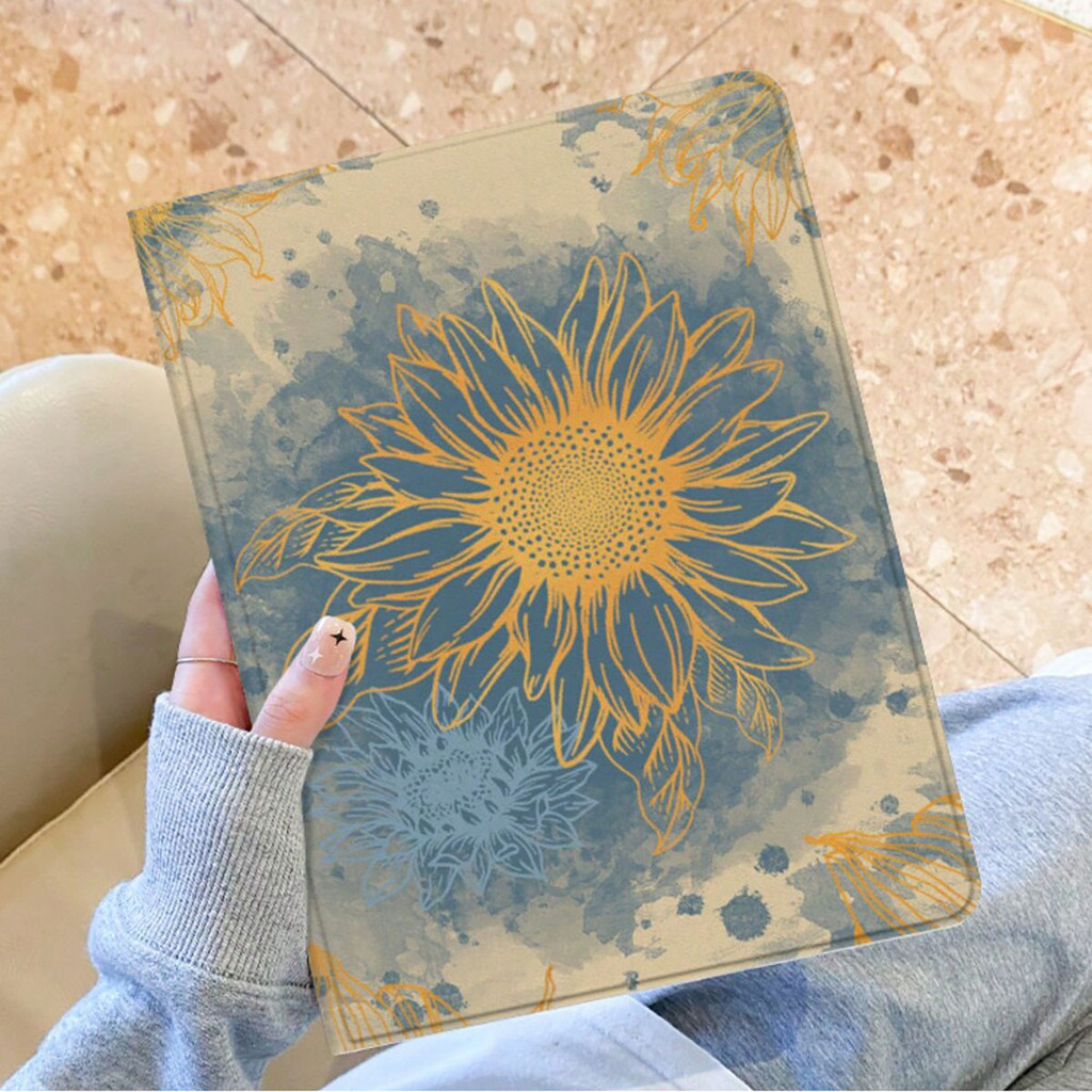 เคสป้องกันสําหรับ iPad 2024air6 Pro11 Air3/4/5 10.9 10.5gen10th 2022Mini4/5/6 8.3 Air1/2 9.7gen7gen8gen9th 10.2 นิ้วดอกทานตะวันหนังสือสไตล์Anti Fallแท็บเล็ตพร้อมช่องเสียบปากกา