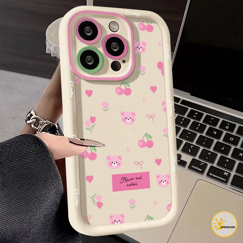 เคสแบบนุ่มคล้องคอลายเชอร์รี่พร้อมโบว์เรียบง่ายสำหรับใส่บัตร Realme C53 C67 C51s C51 C25 C11 C15 11 C