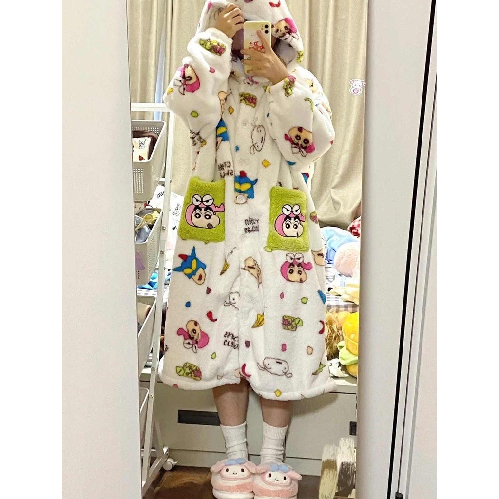 Crayon Shin-Chan Nightgown Coral ขนแกะชุดนอนผู้หญิงฤดูหนาวขนแกะซับหนา
