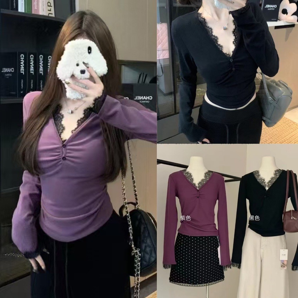 🧡🧵 🇰🇷 เสื้อแขนยาว คอวี Y6166 ช่วงคอและปลายแขน ทรงน่ารัก แฟชั่นเกาหลี TAG KOREA 🧵🧡